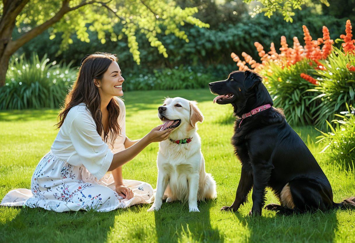 A heartwarming scene of a person sitting on the grass, communicating with their joyful dog through gestures and expressions, surrounded by vibrant flowers. The dog's fur glistens in the sunlight, showcasing a strong bond through playful interaction. In the background, soft, blurred trees create a serene atmosphere. super-realistic. vibrant colors. nature setting.