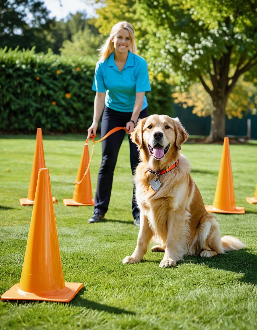 An engaging scene depicting a household pet dog transitioning into a working canine role, showing the dog in a training class with a knowledgeable trainer. Include various training equipment, like a leash and training cones, and a vibrant background of a park where dogs are practicing obedience commands. Capture the dog displaying eagerness and focus. super-realistic. vibrant colors. lively atmosphere.