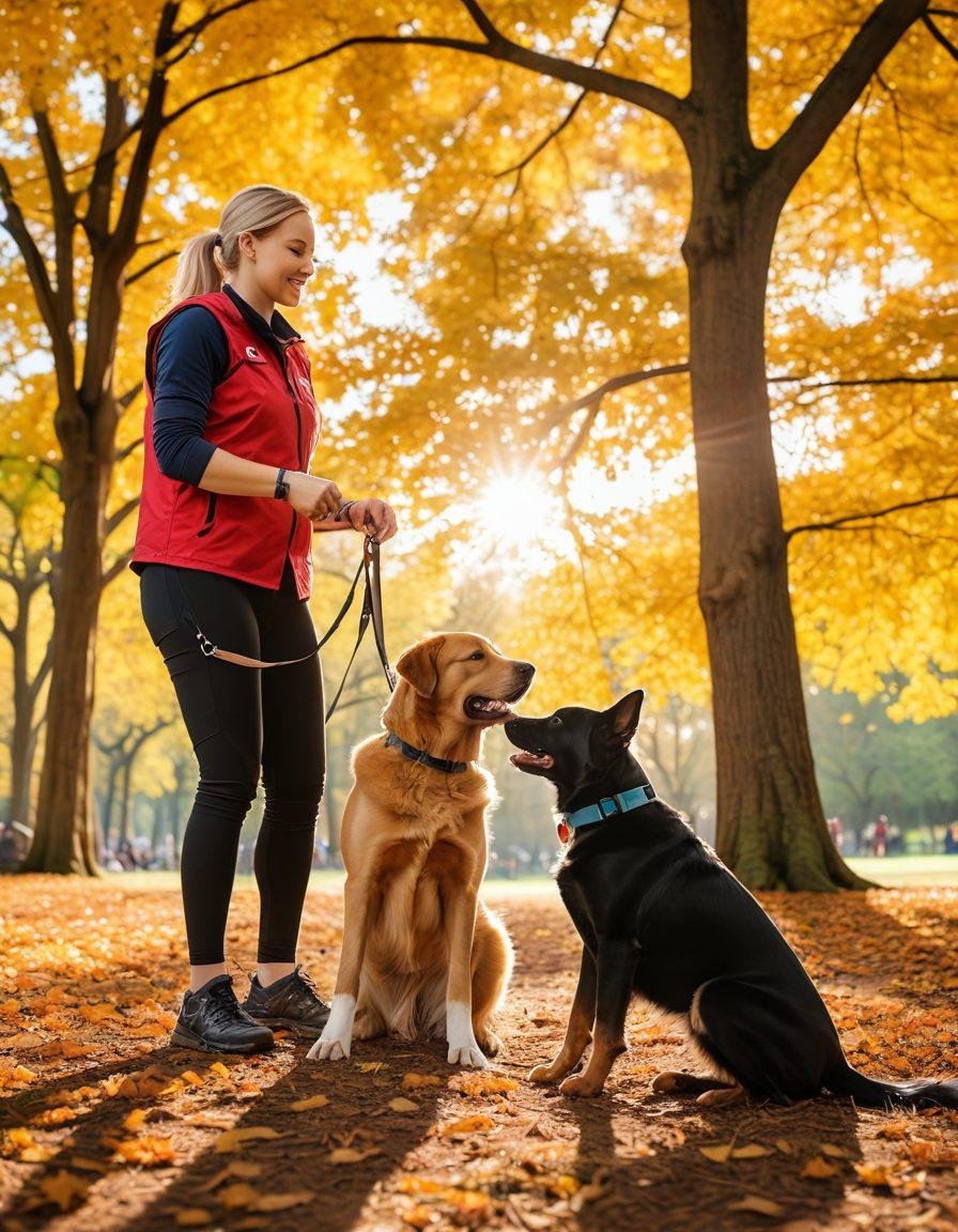 A dynamic scene showcasing a skilled trainer working with a service dog in an open park, both displaying a strong bond. The dog is performing an impressive task, such as fetching an item, while the trainer demonstrates positive reinforcement techniques with treats. Surrounding them are various training props and an audience captivated by the training session. Bright sunlight filters through the trees, highlighting the energetic atmosphere. vibrant colors. super-realistic. natural setting.